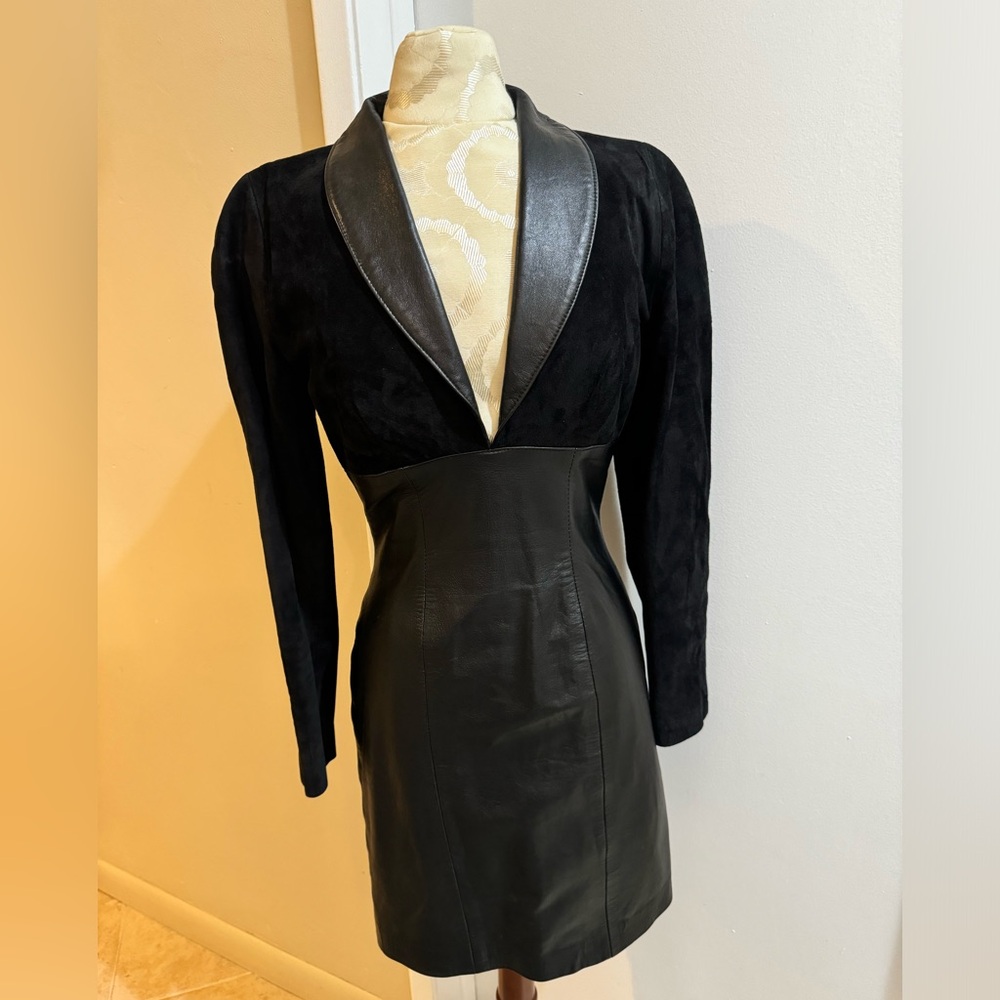 Michael Hoban Leather Suede Vintage Black V Neck Collar Lined Zip Midi Dress